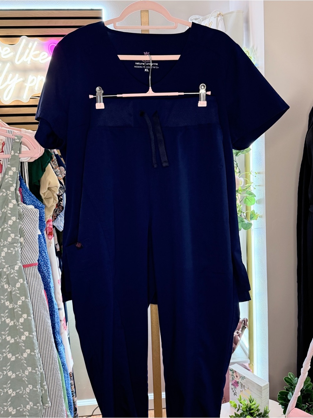 Navy V-Neck Short Sleeve Scrub Set with Drawstring